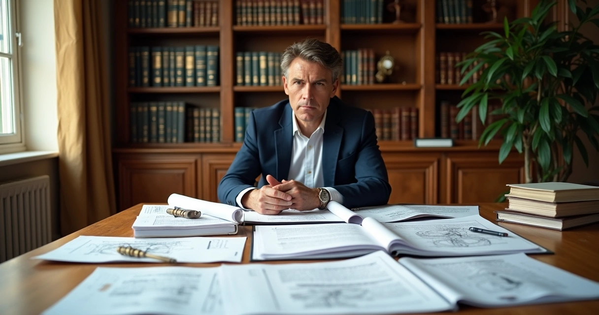 Perito judicial analisa documentos e plantas técnicas sobre uma mesa. 