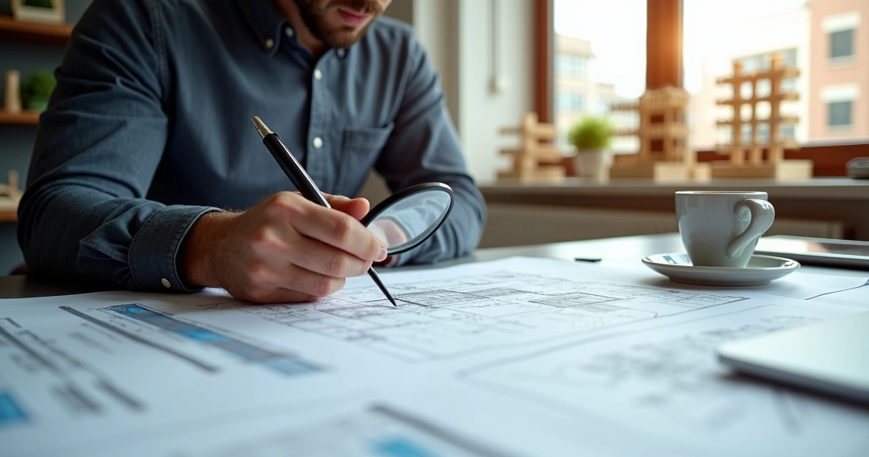 Engenheiro analisando documentos periciais em mesa de escritório 