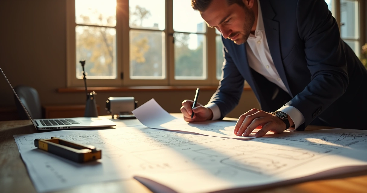 Perito examinando documentos técnicos sobre uma mesa 