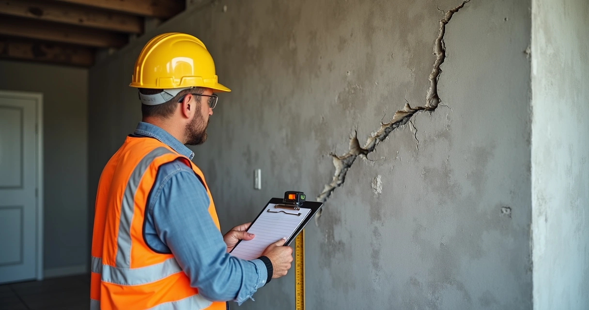 Engenheiro perito examinando parede com rachaduras em prédio residencial 