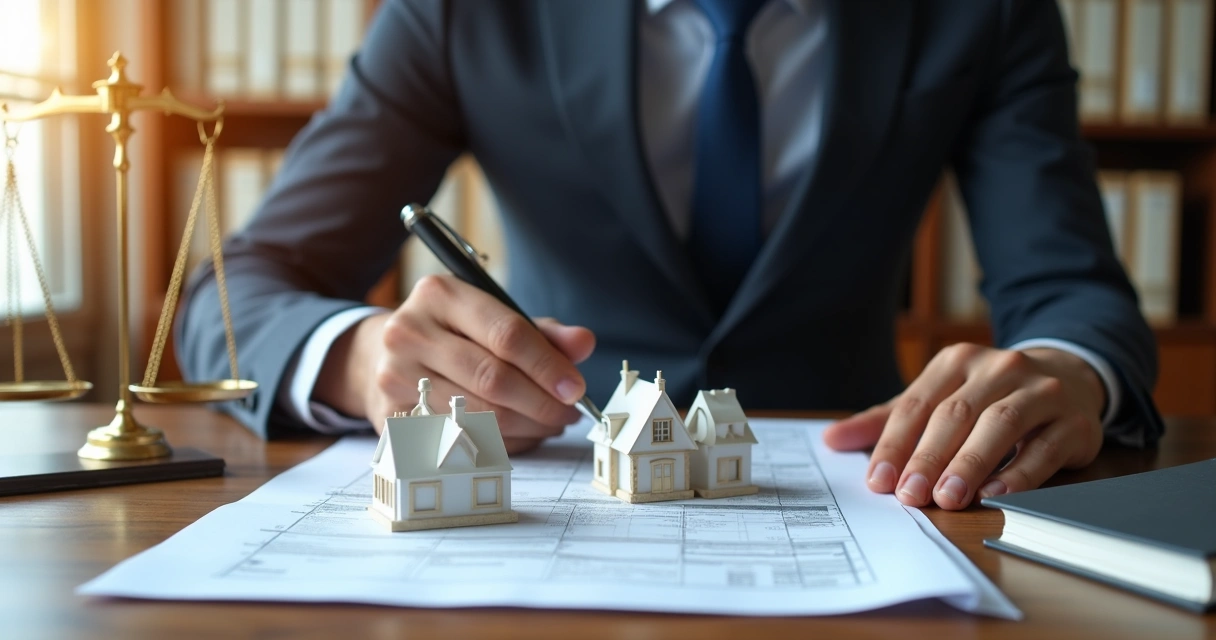 Perito examinando documentos de imóvel em mesa com maquete e papéis 