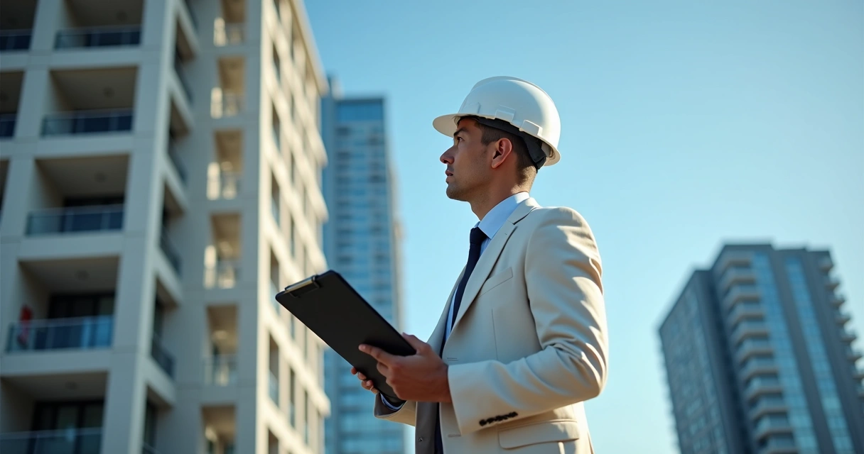 Engenheiro perito analisa imóvel usando prancheta e trena 