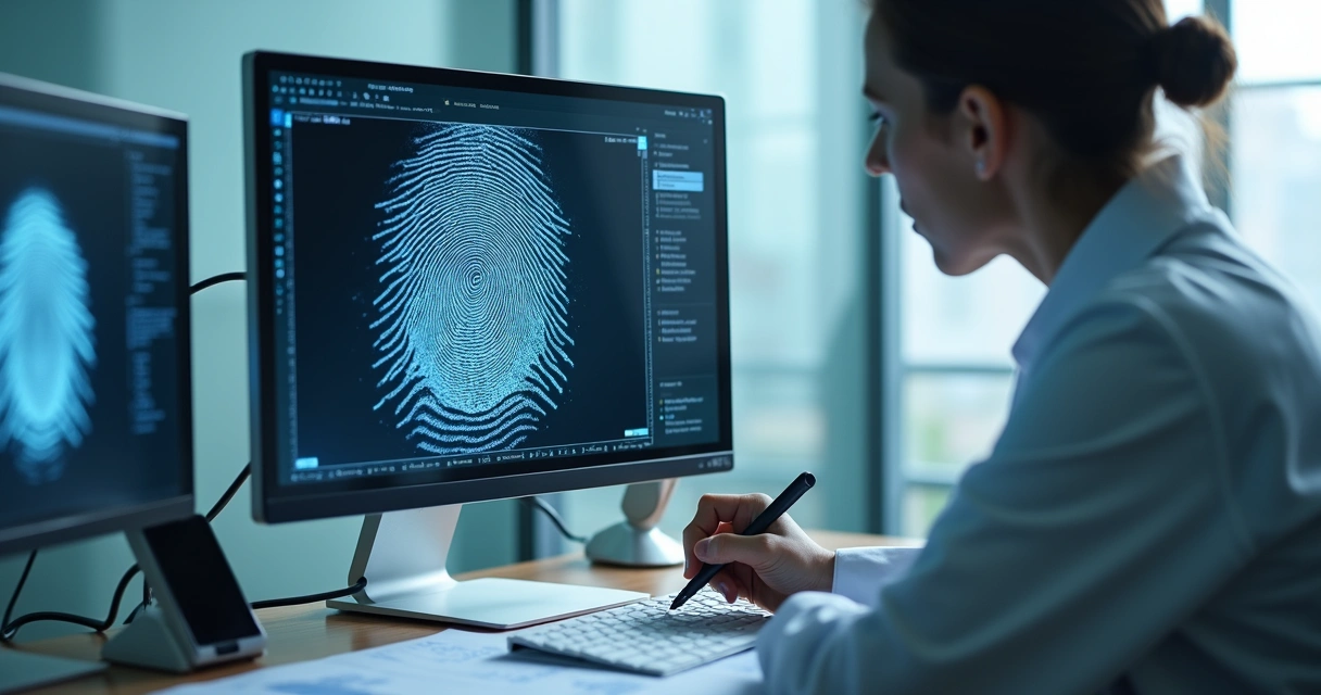Perito analisa impressão digital ampliada em tela de computador 