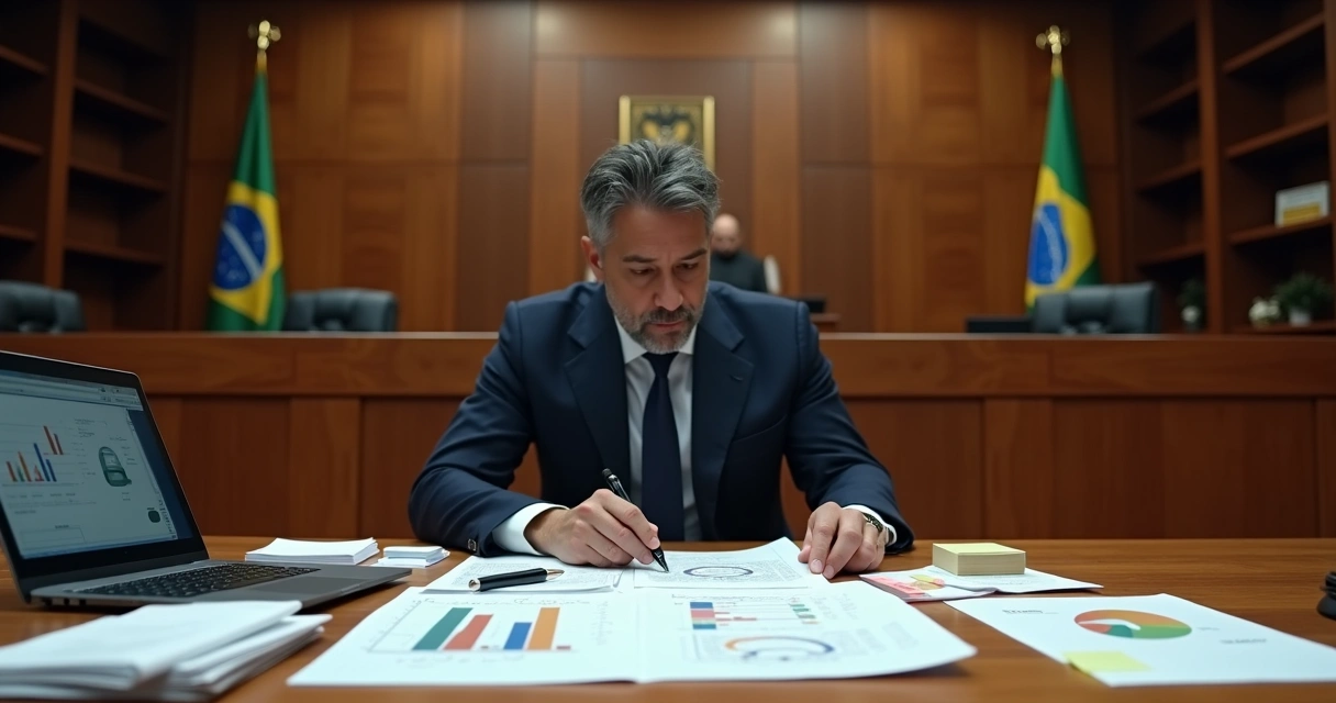 Perito judicial analisando contestação de laudo na frente de juiz em audiência 