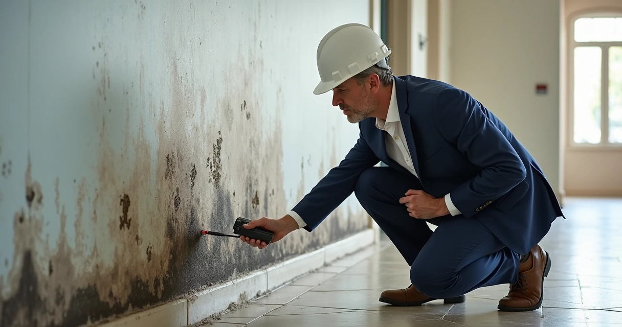 Perito analisando infiltração em parede de condomínio 