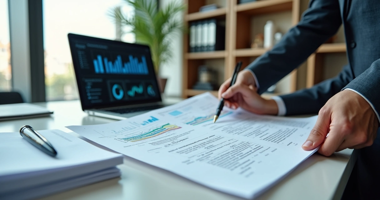 Perito judicial analisando laudo pericial com documentos e laptop na mesa 