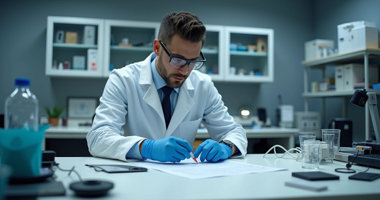 Perito analisando provas técnicas em laboratório forense 