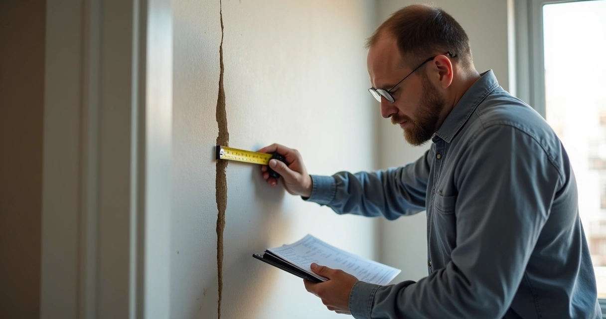 Perito verificando trinca em parede de apartamento 