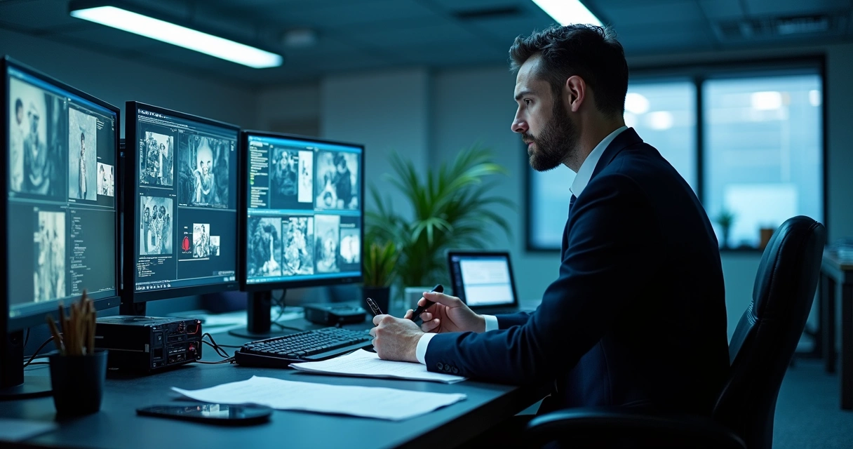 Perito observa monitor cheio de câmeras de segurança em mesa cheia de anotações e equipamentos forenses 