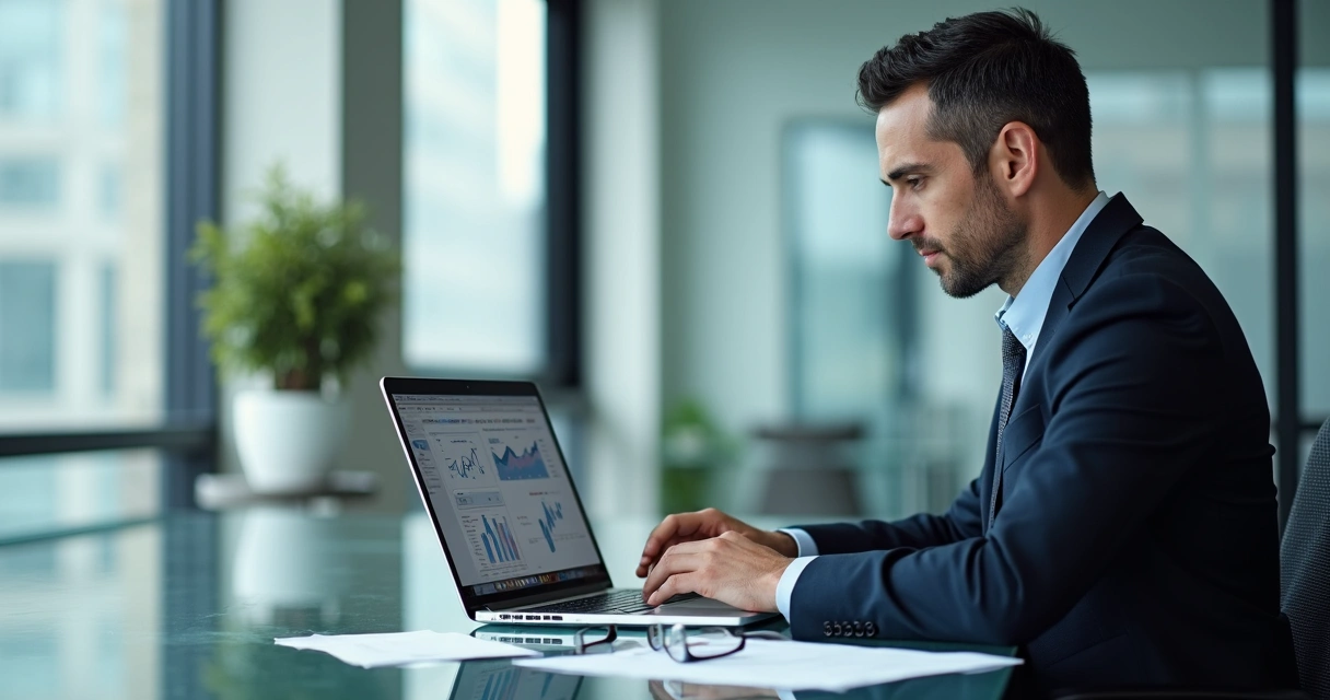 Perito financeiro analisando extratos bancários em laptop 