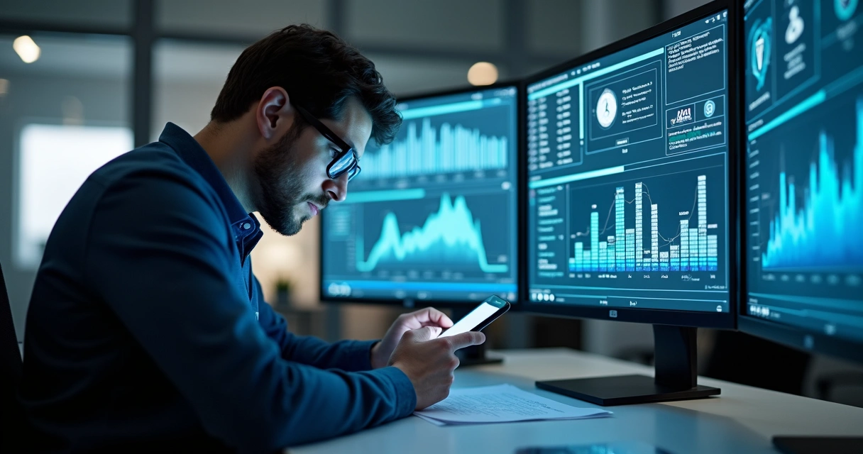Perito digital analisando celular em mesa de escritório 