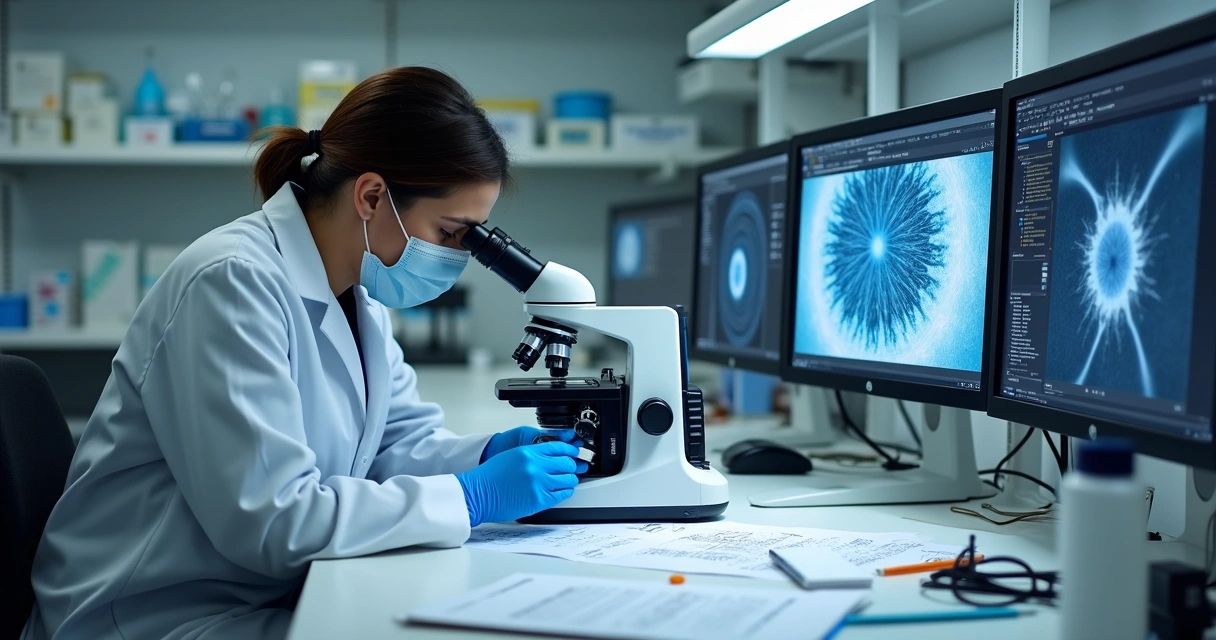 Perito criminal analisando lâmina em microscópio 