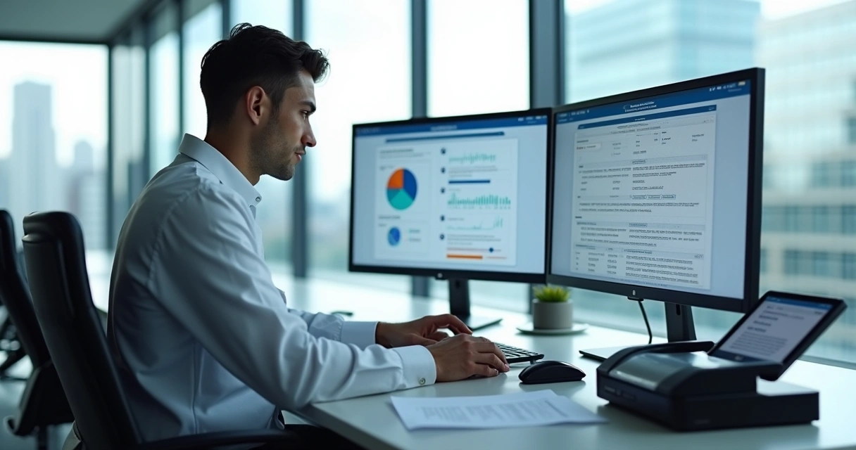 Perito analisando documentos digitais no computador 