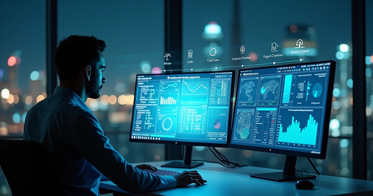 Perito analisando gráficos jurídicos em tela com interface de inteligência artificial 