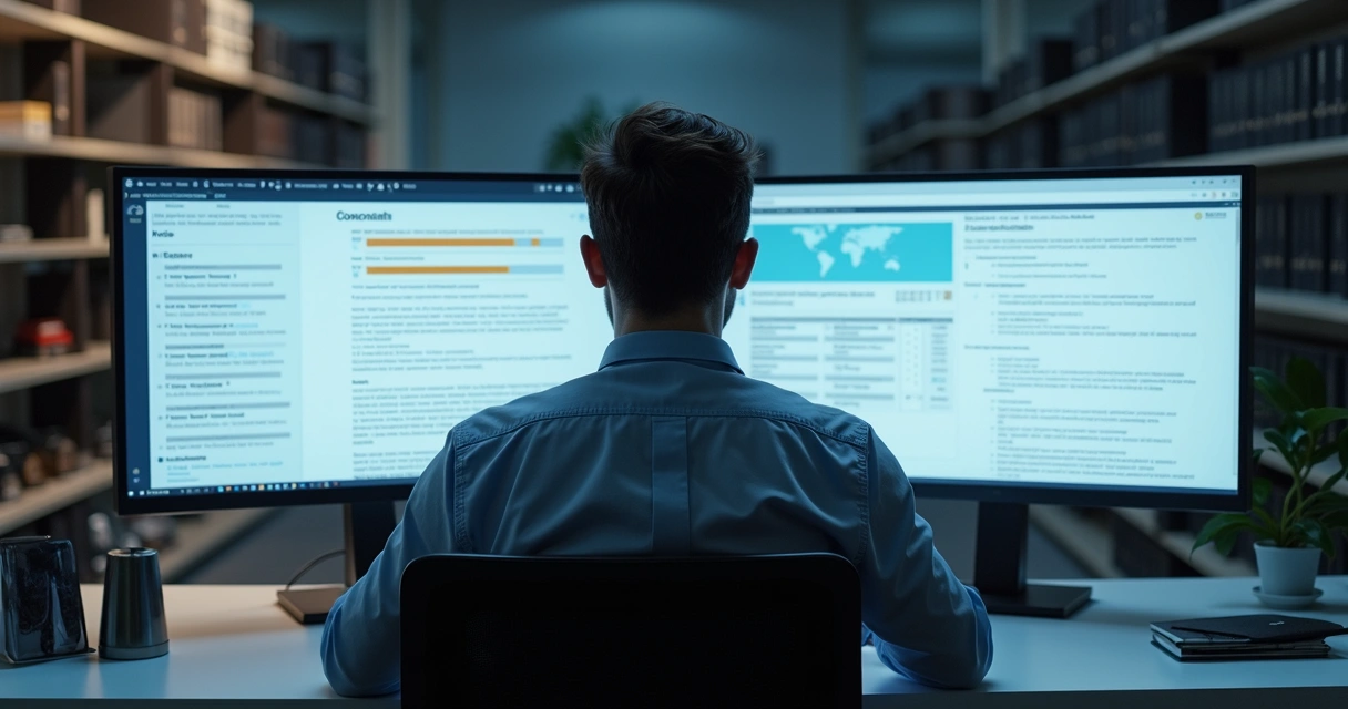 Profissional analisando processos digitais em dois monitores 