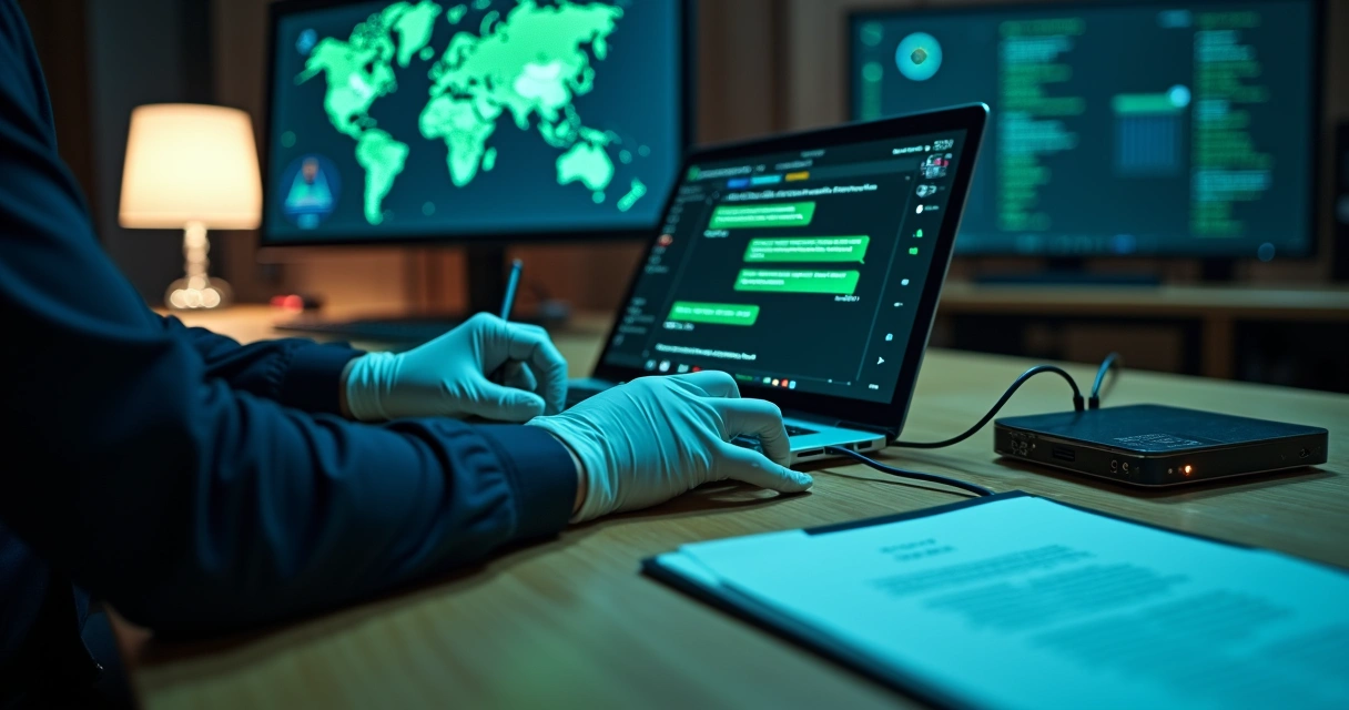 Perito digital analisando mensagens do WhatsApp em ambiente forense moderno 