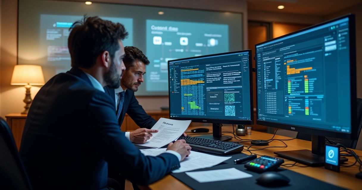 Perito assistente em informática judicial analisando evidências digitais em escritório jurídico moderno 