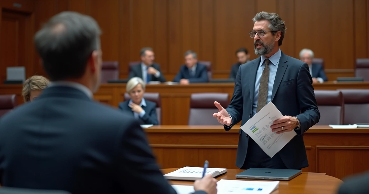 Perito contábil em tribunal durante audiência 