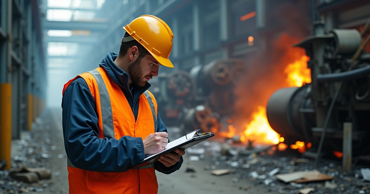 Engenheiro forense inspecionando área de acidente industrial 
