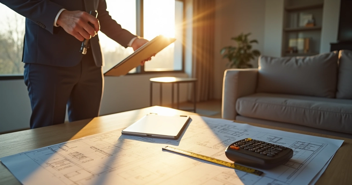Perito avaliando imóvel com prancheta e trena na sala de casa 