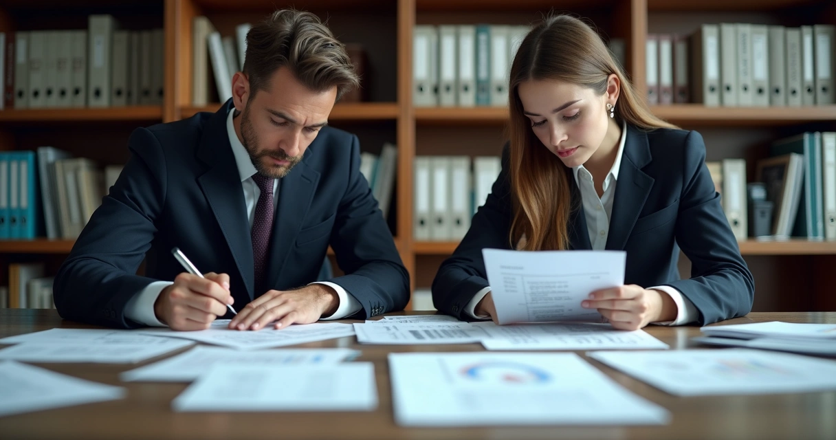 Profissional de perícia contábil analisando documentos financeiros 