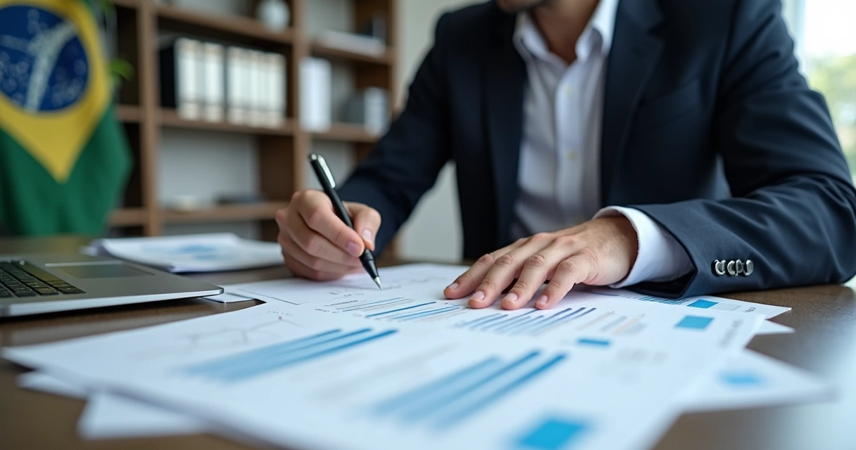 Perito contador analisando documentos financeiros e laudo pericial em ambiente de escritório moderno 