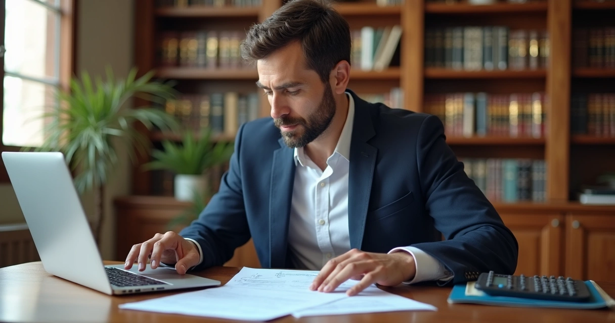 Contador analisando documentos e digitando laudo judicial 