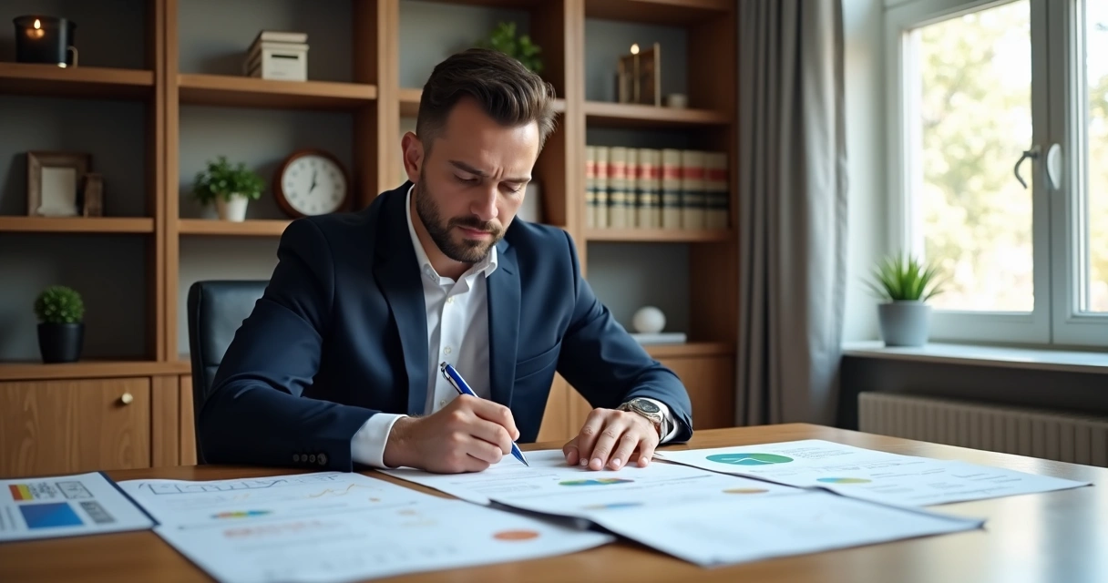 Perito-contador analisando documentos financeiros em uma mesa de escritório 