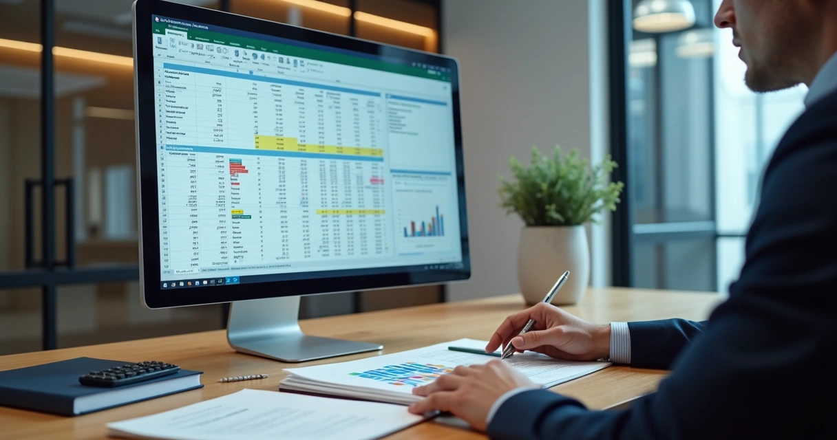 Contador analisando documentos de perícia judicial em escritório moderno 