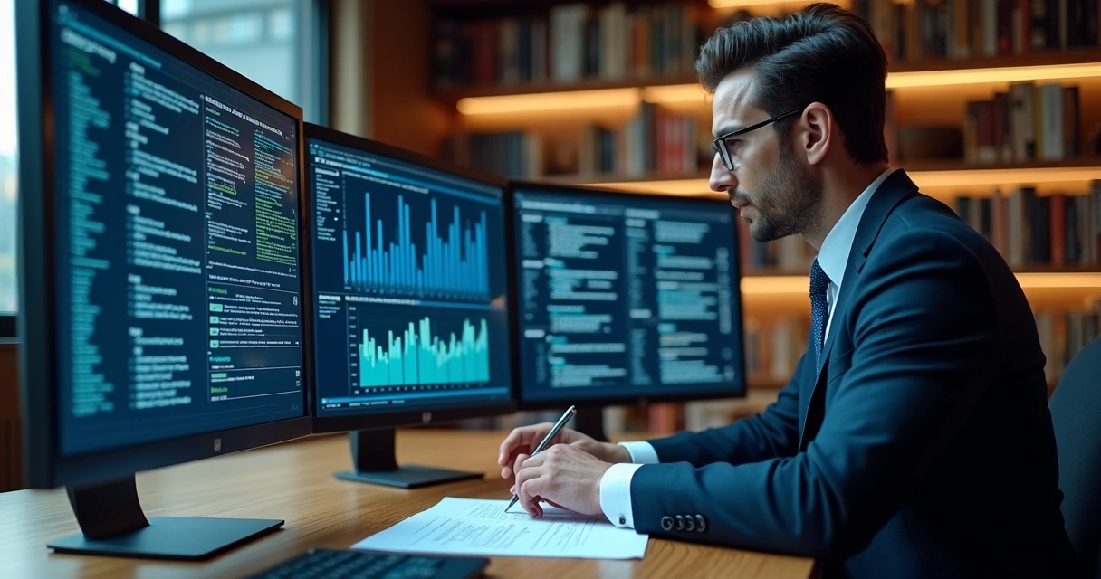 Perito digital analisando dados em dois monitores 