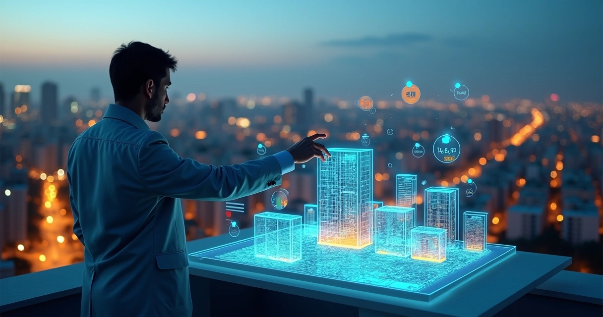 Perito analisando avaliação digital de imóveis diante de maquete urbana tecnológica 