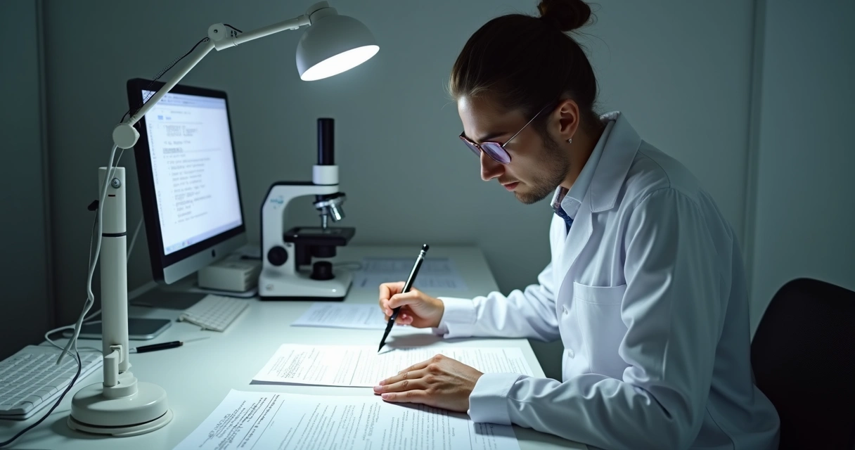 Perito examinando documentos manuscritos em mesa técnica 