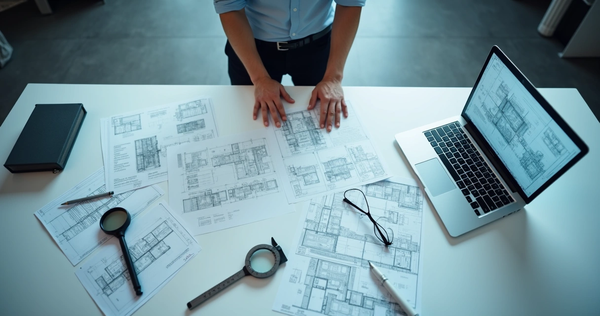 Perito de engenharia analisando desenhos técnicos numa mesa com ferramentas. 