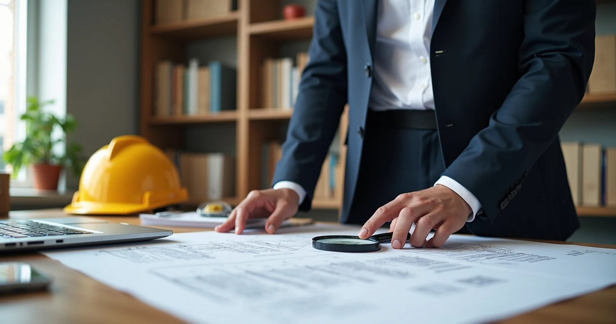 Profissional de engenharia analisando documentos e plantas em mesa 