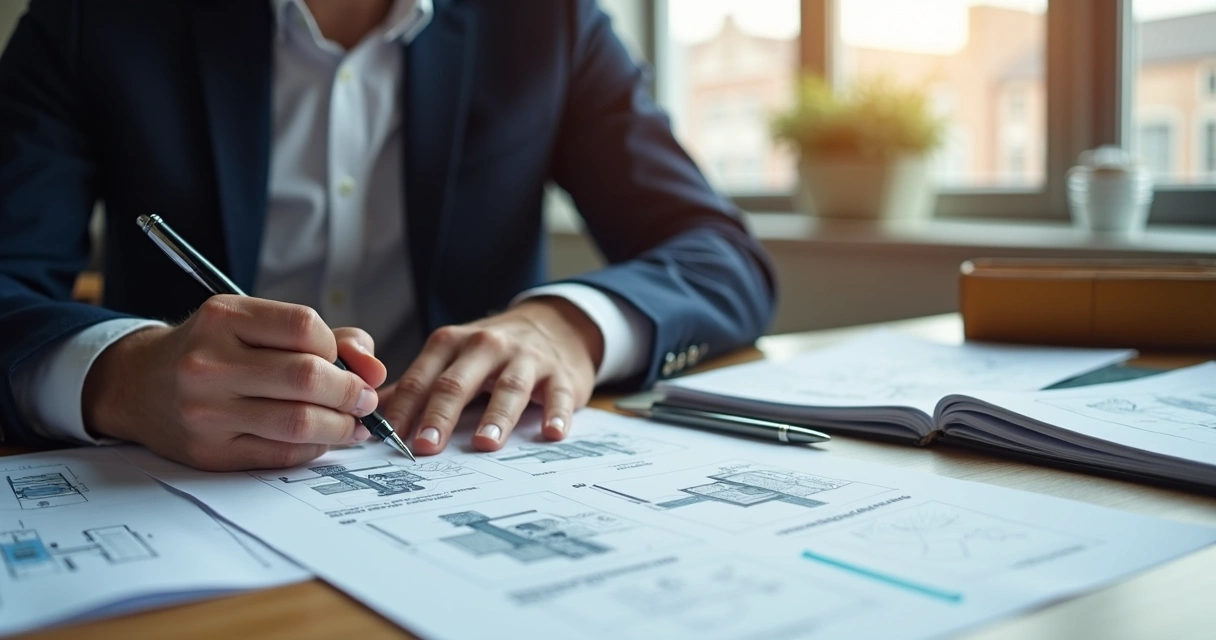 Laudo pericial de engenharia sendo analisado por profissional em mesa com documentos 