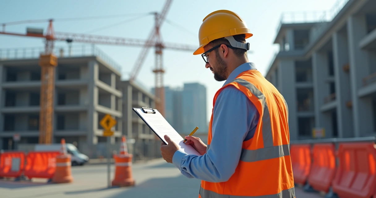 Perito engenheiro realiza inspeção técnica em campo, com prancheta e equipamentos 