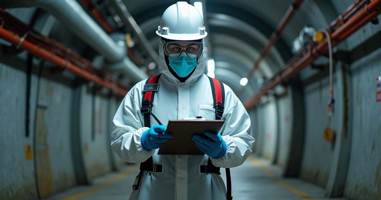 Perito usando equipamentos de proteção dentro de espaço confinado 