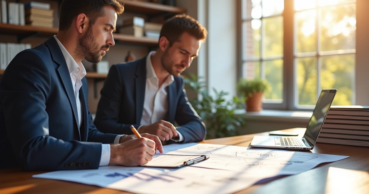 Perito judicial analisando documentos em mesa de escritório 