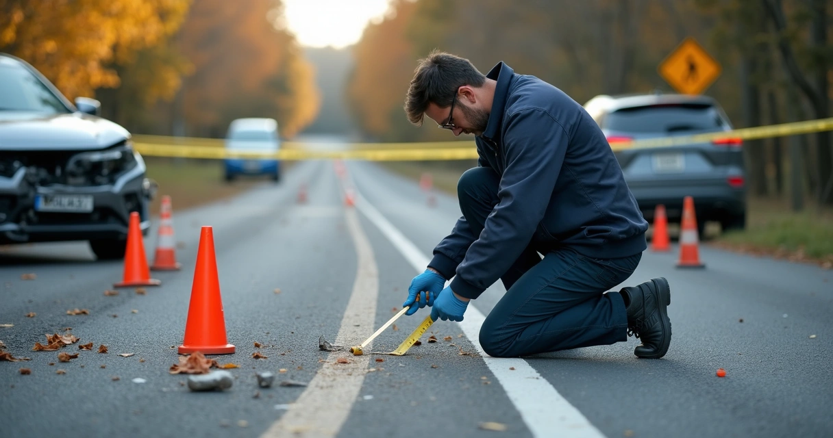 Perito de trânsito analisando vestígios no asfalto 