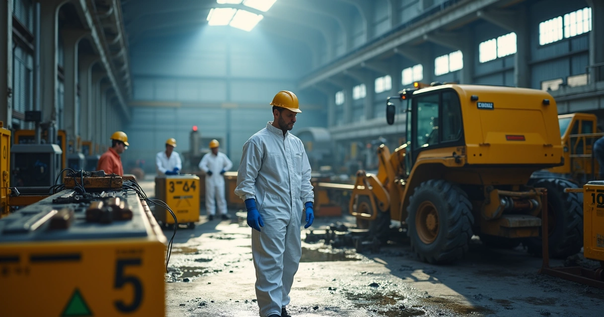 Perito analisa local de acidente industrial, com equipamentos de segurança ao fundo 