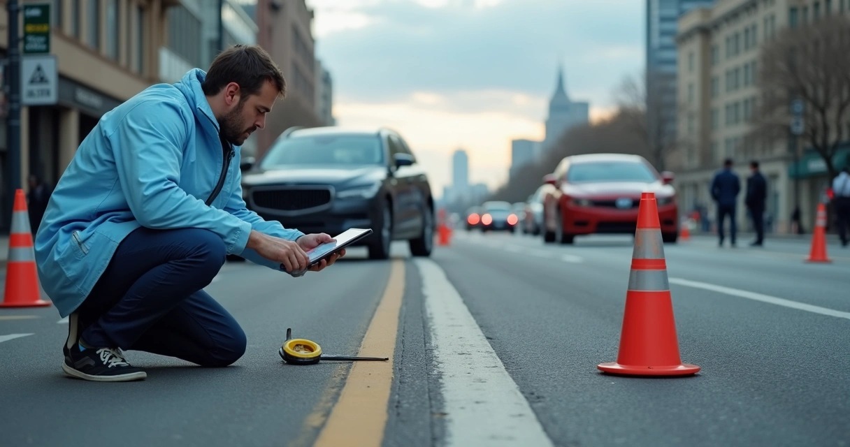 Perito analisando marcas de pneu no asfalto 