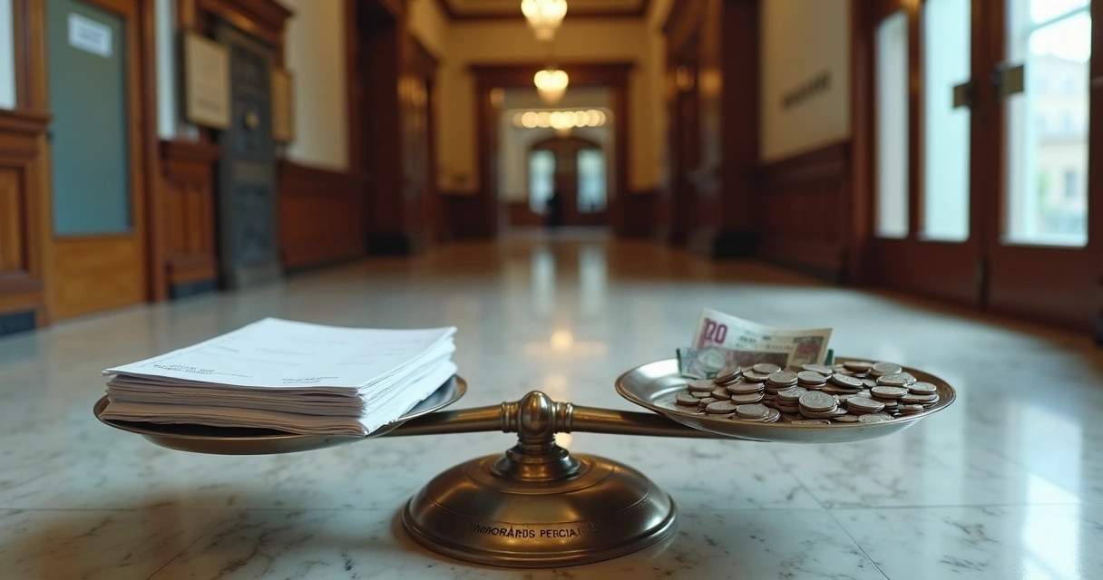 Perito ao lado de balança de justiça desequilibrada com relatório e valores em destaque 