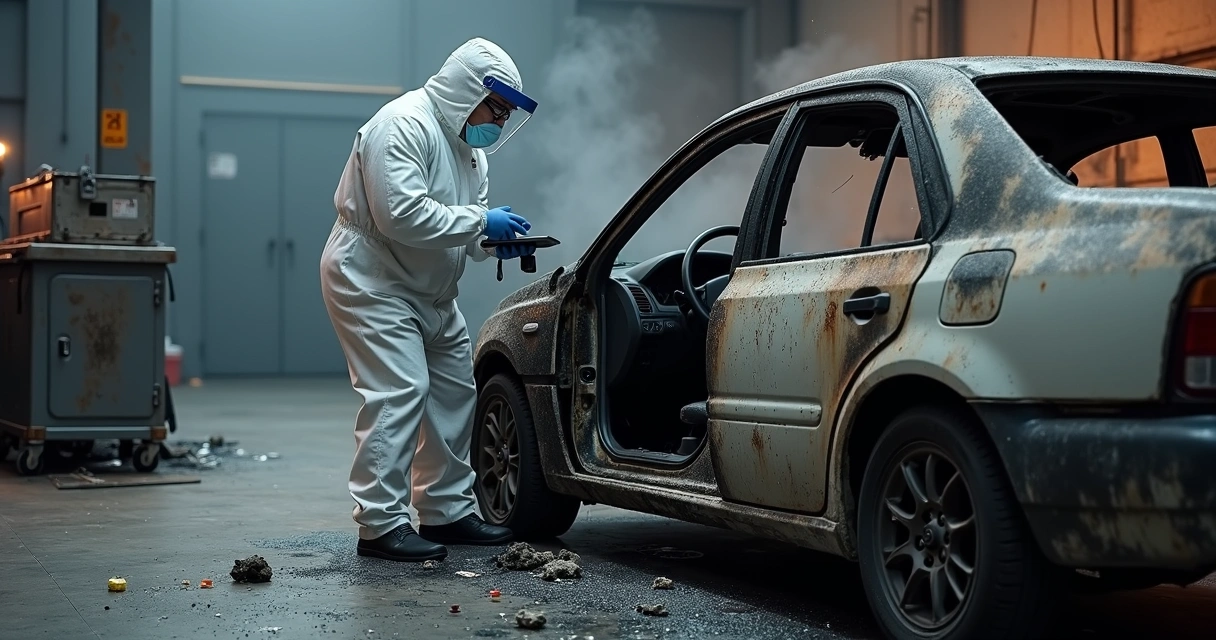 Perito examinando carro queimado em galpão 