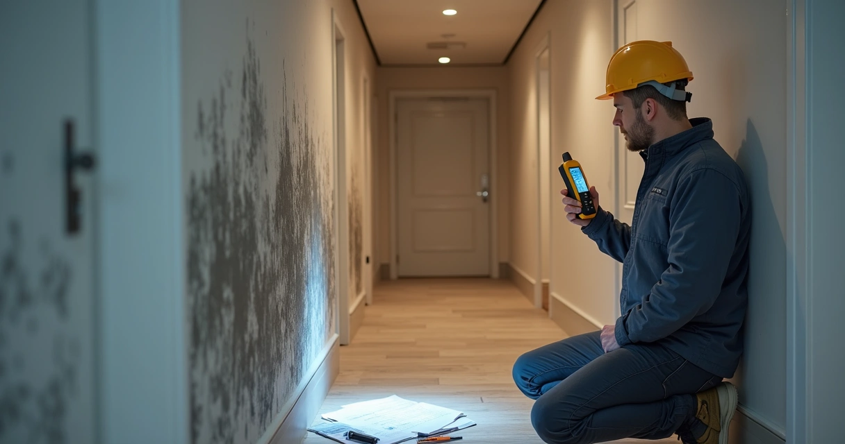Engenheiro perito examinando infiltração em parede de condomínio 