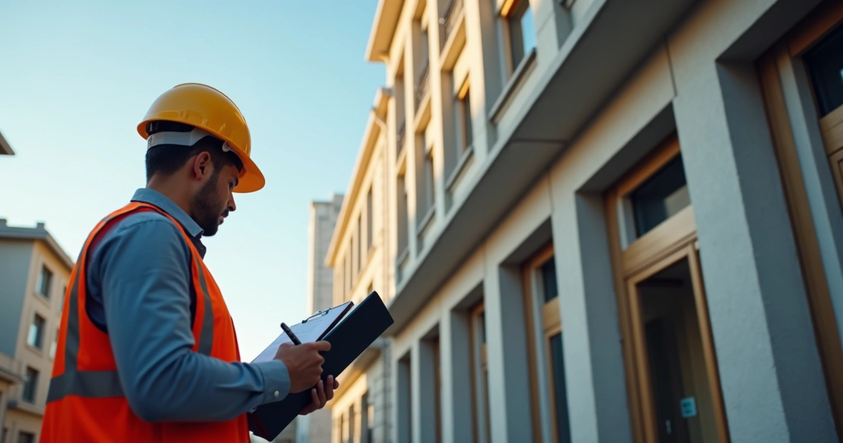 Engenheiro inspecionando imóvel com prancheta na mão 
