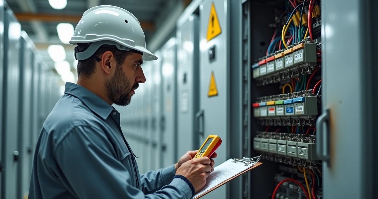 Perito examinando quadro elétrico com instrumentos de medição 