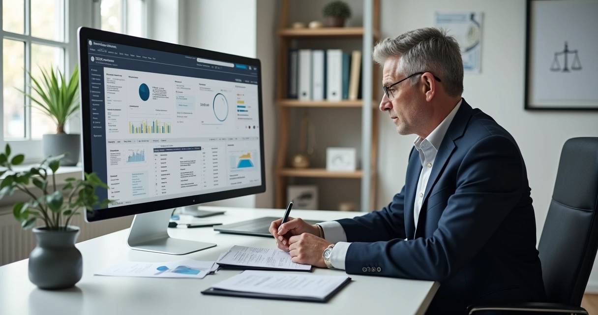Perito judicial analisando documentos em frente ao computador em um escritório moderno 