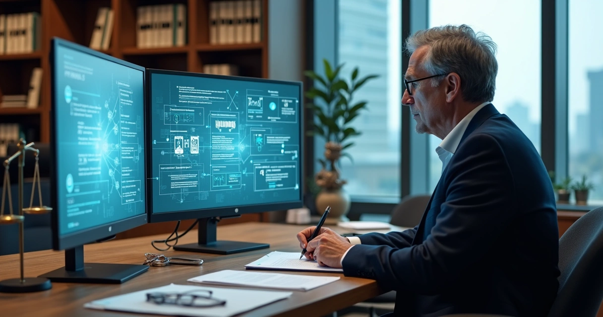 Perito judicial analisando laudo em tela com interface de inteligência artificial 