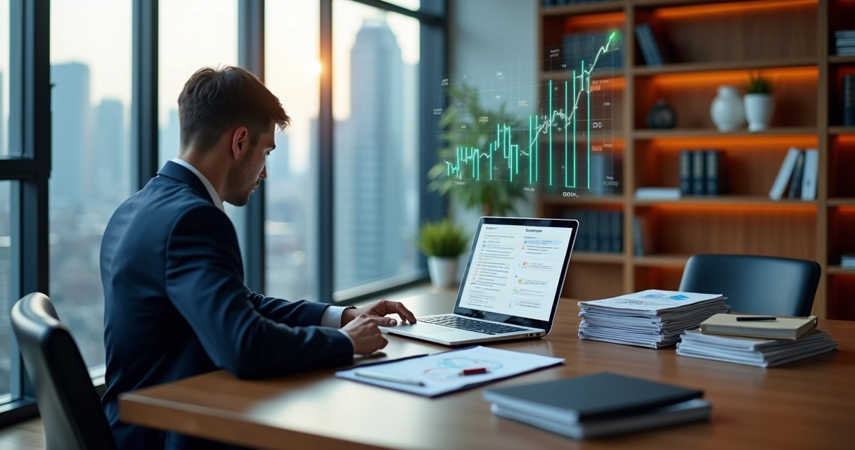 Perito judicial sorrindo e olhando para o computador em escritório moderno 