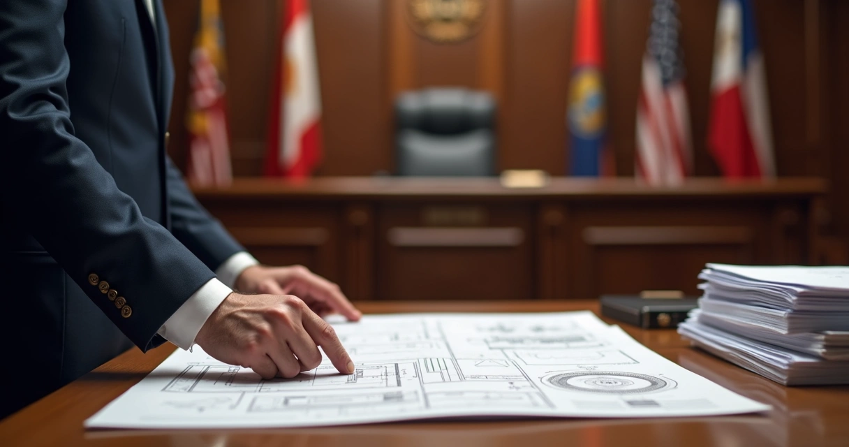 Perito judicial analisando documentos em sala de audiência 